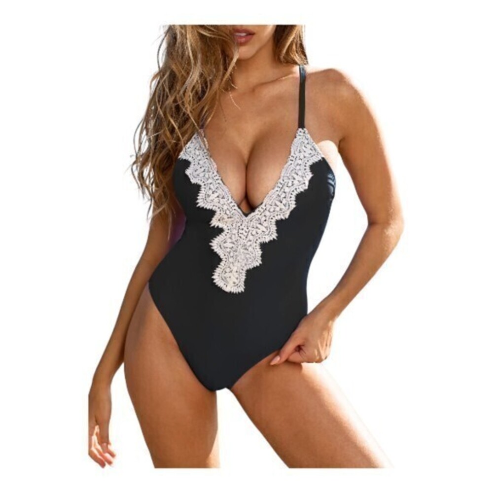 Black Lace Cream Deep V-Neck Halter Plunge Swimsuit Vintage Size XL NWT #2293